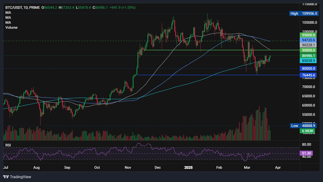 Could BTC break out of range? Less severe trade tariffs & LTHs refuse to sell - BTCUSD 24032025