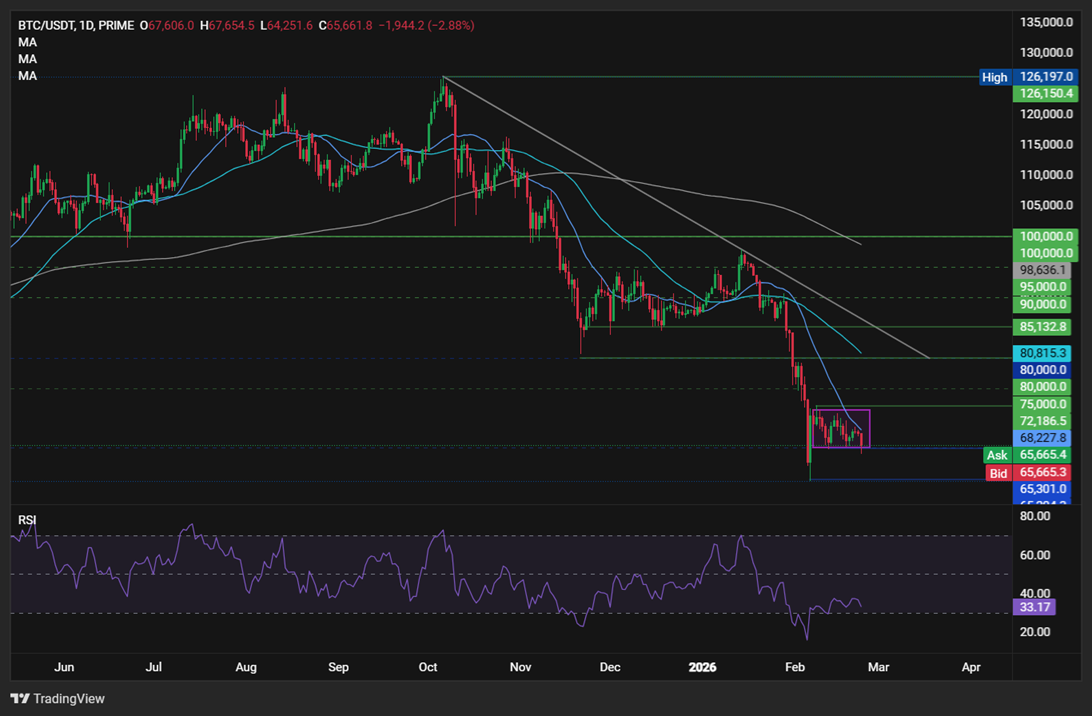 Bitcoin falls to 65k amid rising headwinds from Trump&rsquo;s trade tariffs & the Fed rate outlook. Are more lows coming? - BTCUSD 7